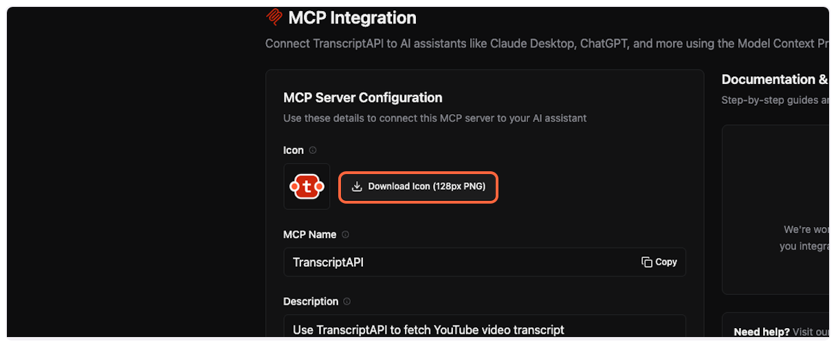 Download Icon from TranscriptAPI dashboard for YouTube Transcript MCP