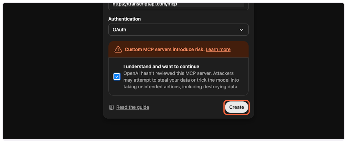 Click on Create button to add YouTube Transcript MCP connector