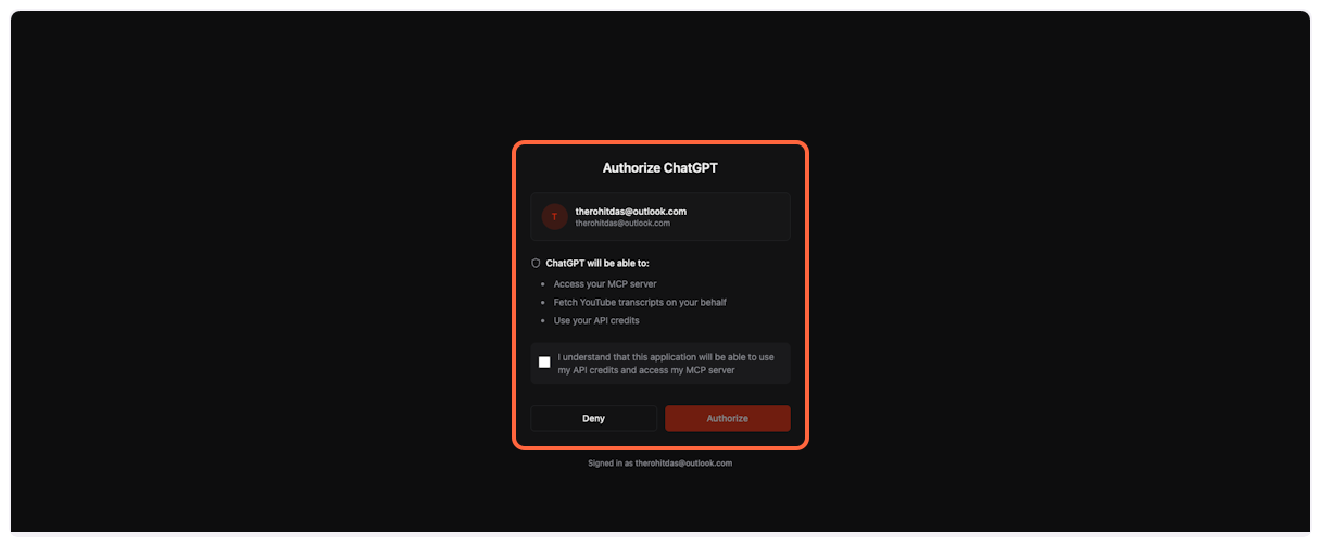 TranscriptAPI OAuth authorization page for YouTube Transcript MCP