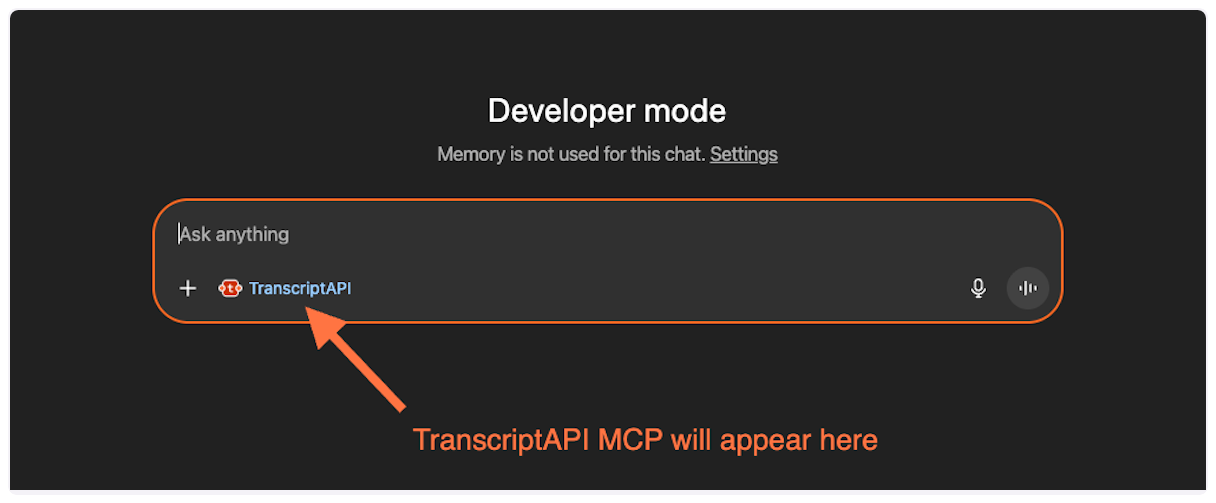 ChatGPT interface with YouTube Transcript MCP active