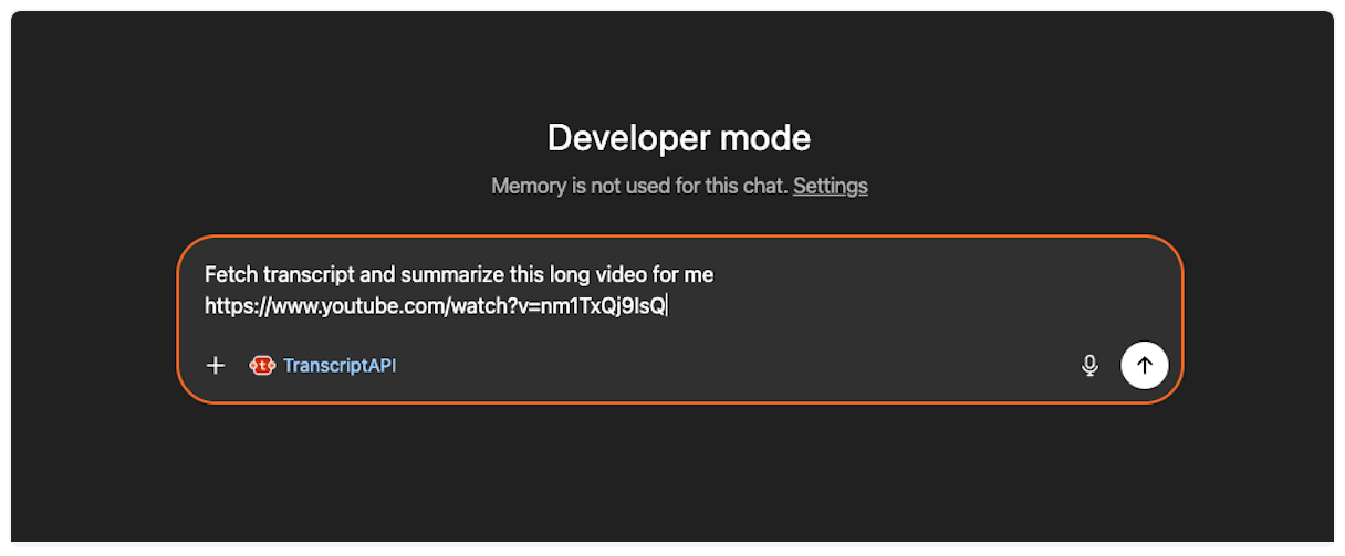 Paste your transcript request with YouTube URL for YouTube Transcript MCP