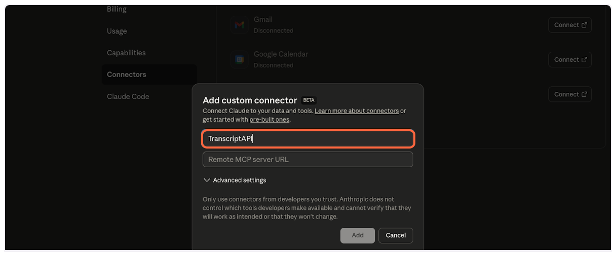 Paste TranscriptAPI into Claude name field - YouTube Transcript MCP