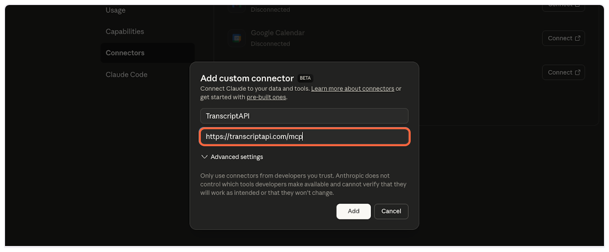 Paste server URL into Claude - YouTube Transcript MCP