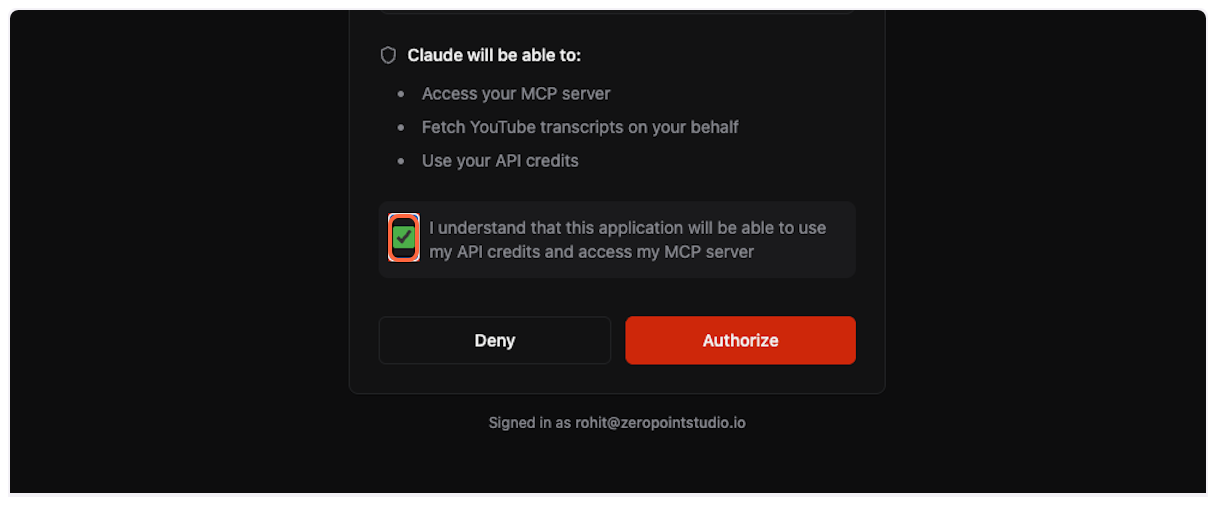 Check understanding of API credit usage - YouTube Transcript MCP