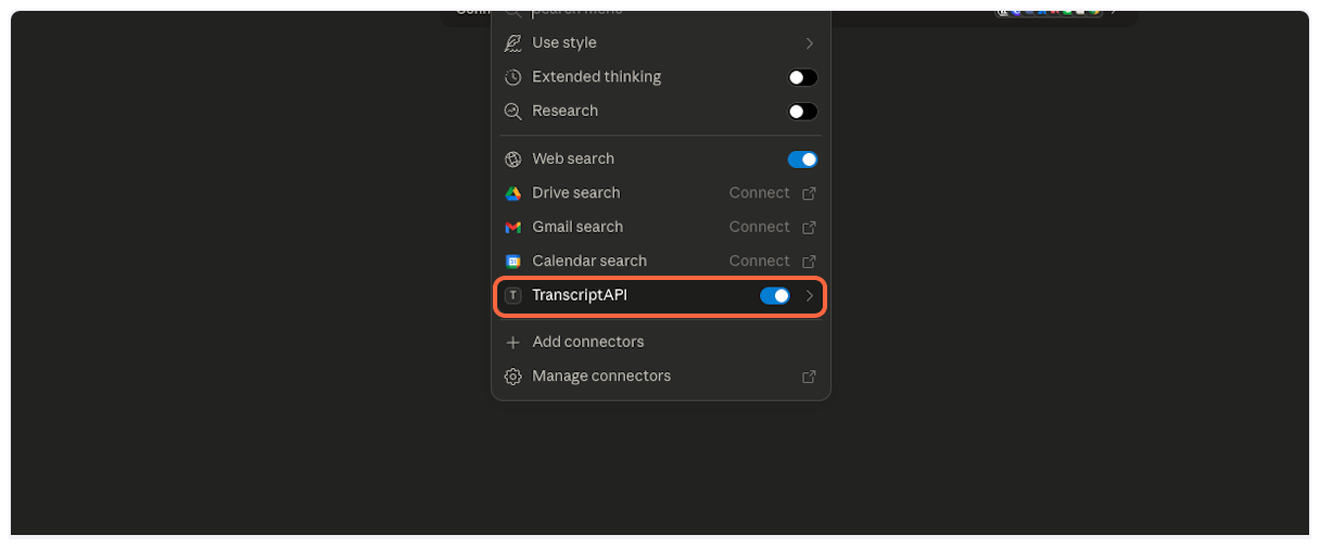 TranscriptAPI enabled in tools - YouTube Transcript MCP