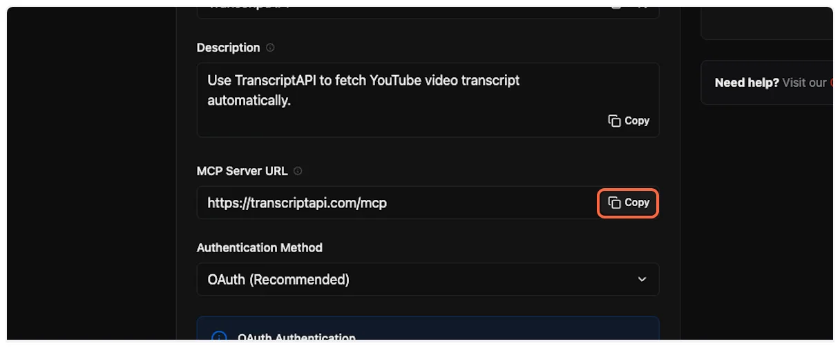 Copy server URL from TranscriptAPI dashboard for YouTube Transcript MCP
