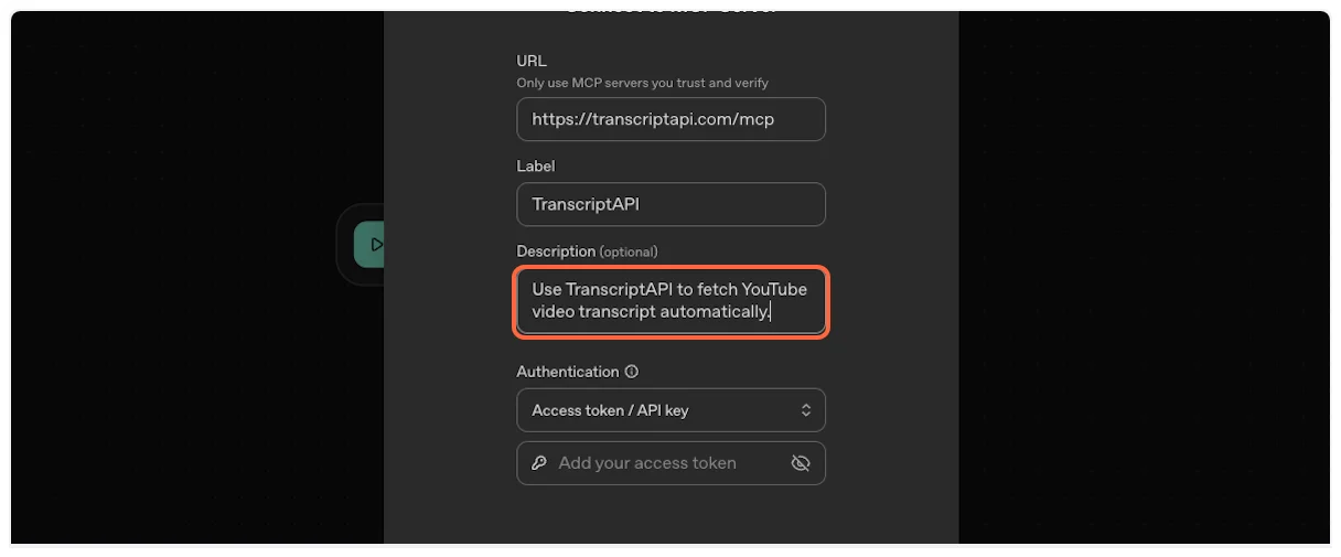 Enter description for YouTube Transcript MCP integration