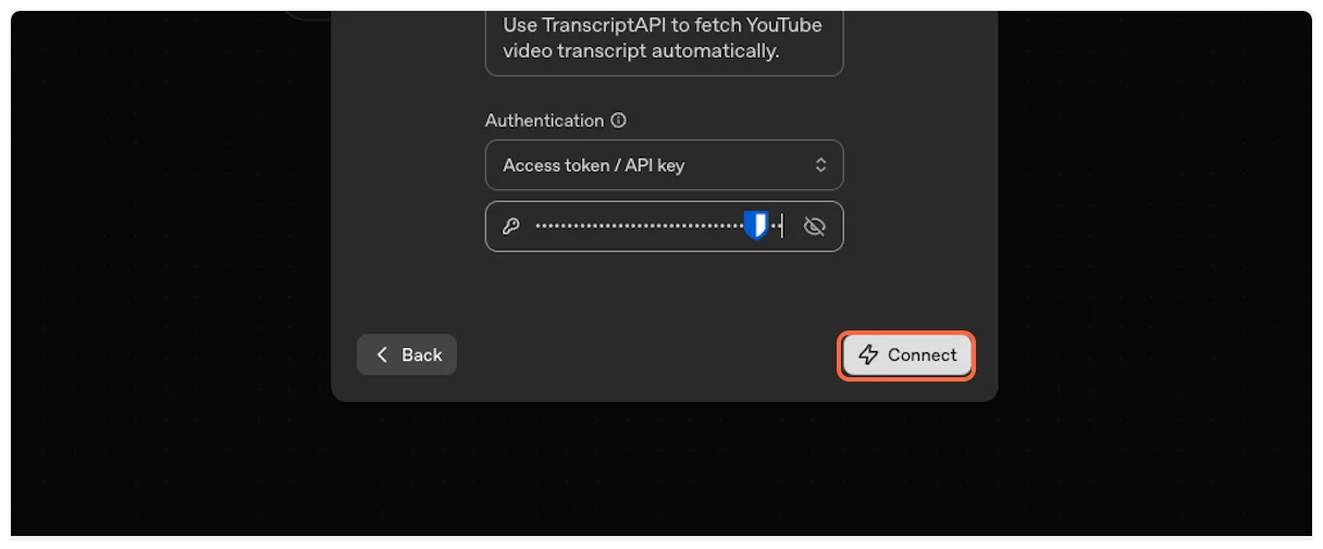Click Connect to authenticate YouTube Transcript MCP