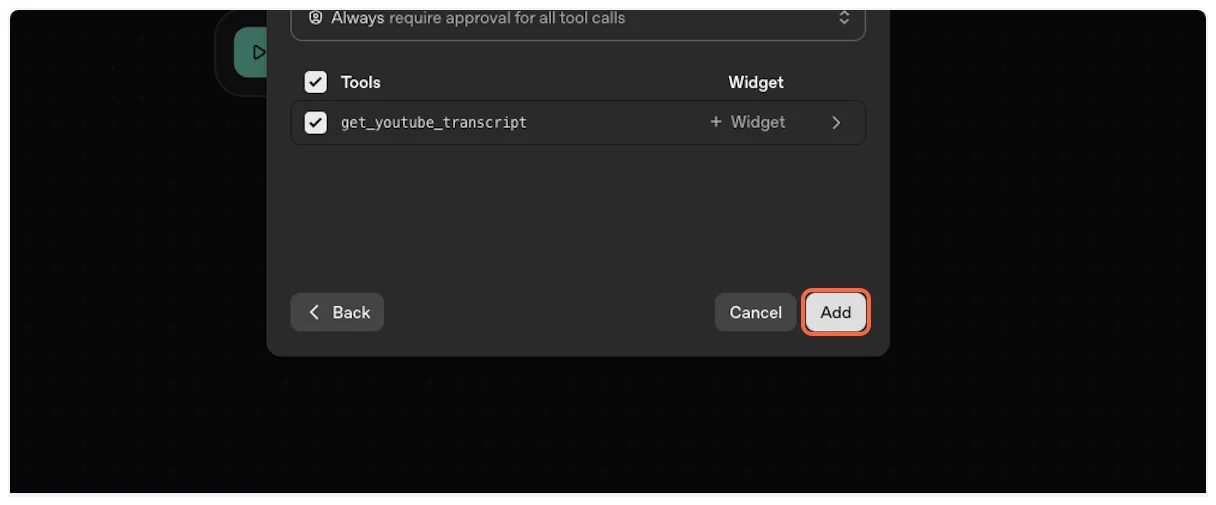 Click Add to include YouTube Transcript MCP in agent