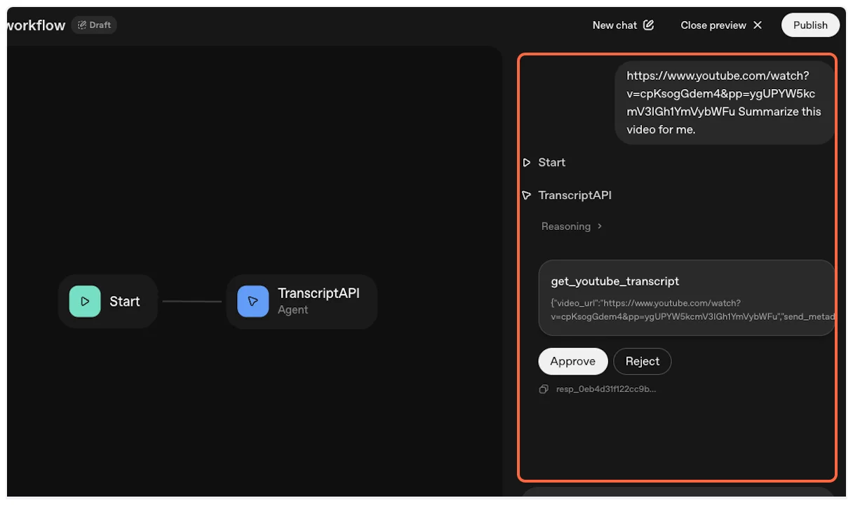 MCP permission request for YouTube Transcript API access