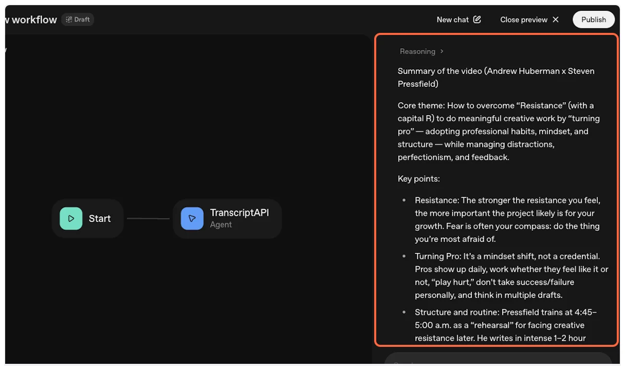 YouTube Transcript MCP successfully fetches and processes transcript
